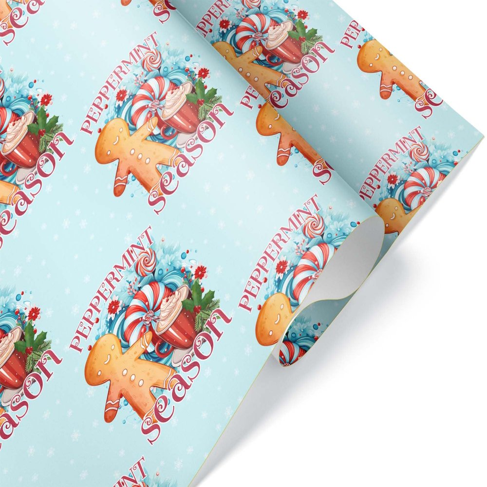 Festive Peppermint Season Thick Wrapping Paper, Gingerbread Man Poinsettia Holiday Gift Wrap, Hot Cocoa Theme for Grandchild (12 foot x 30 inch roll)