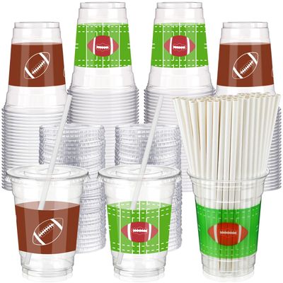 Yaomiao 300 Pcs 12 oz Football Plastic Cups with Lids and Straw Football Plastic Cup Football Disposable Clear Cups Football Drinking Cups Football Themed Party Drinking Set for Party Supply