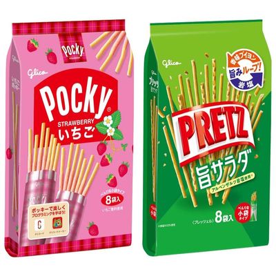 "Pocky"strawberry chocolate flavor "Pretz" Umami salad flavor 2 types of pretzels set Glico with MAIKO Sticker Pio big bazar