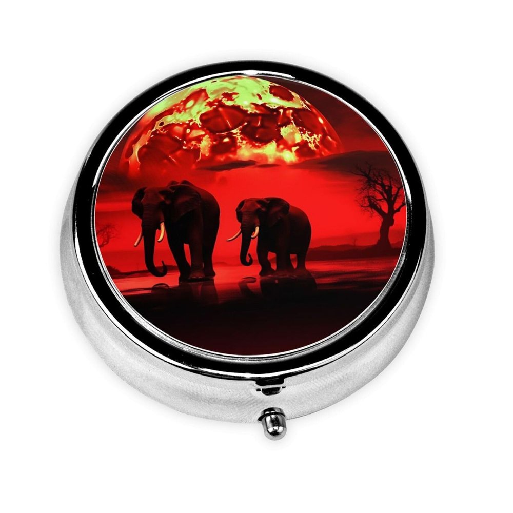 Red Full Moon Elephants Print Pill Box 3 Compartment Small Pill Case with Mirror Pill Organizer for Outdoor Travel Pocket Purse
