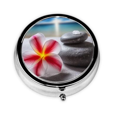 Tropical Flower and Zen Stone Print Pill Box 3 Compartment Small Pill Case with Mirror Pill Organizer for Outdoor Travel Pocket Purse