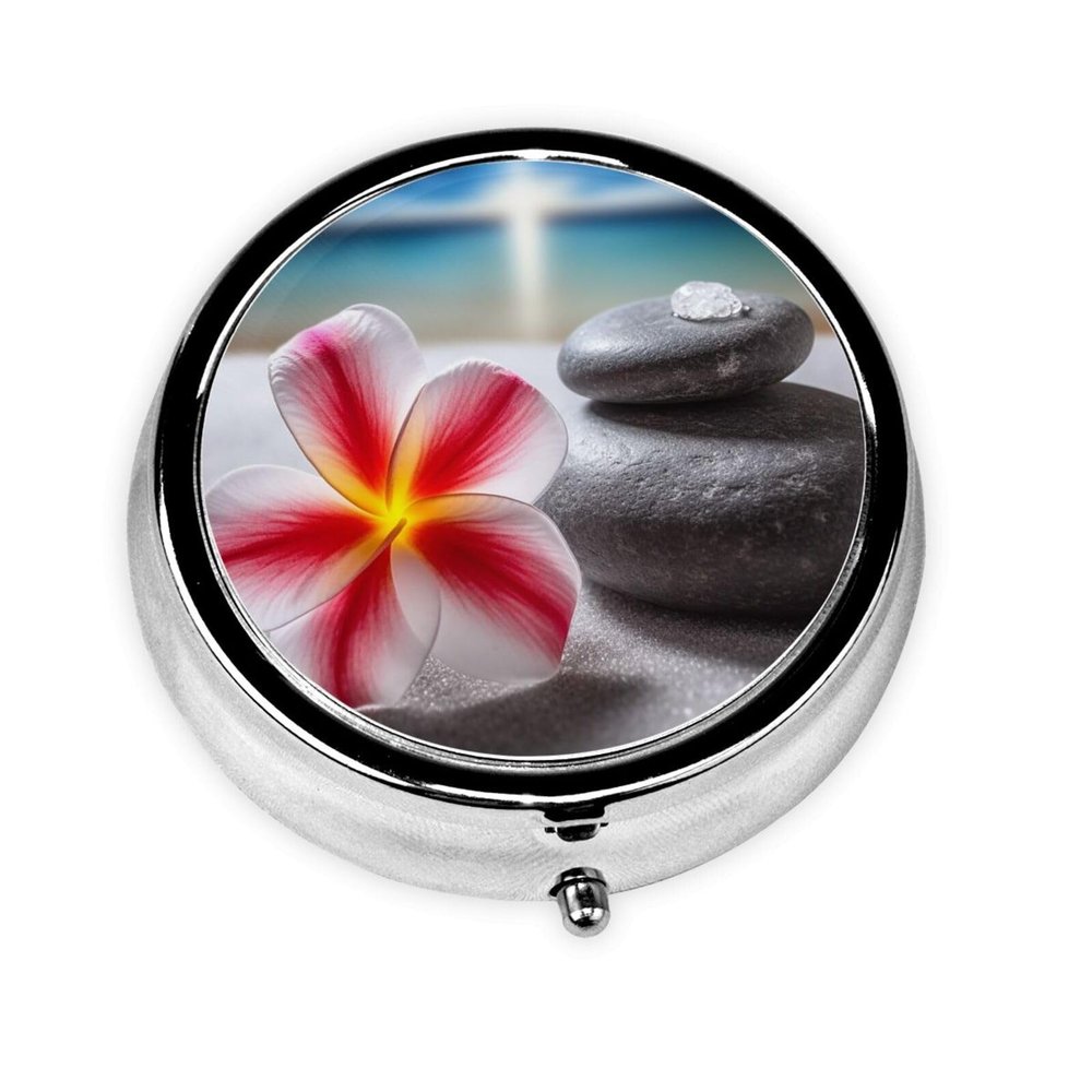 Tropical Flower and Zen Stone Print Pill Box 3 Compartment Small Pill Case with Mirror Pill Organizer for Outdoor Travel Pocket Purse