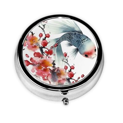 Watercolor Flower Fish Ink Print Pill Box 3 Compartment Small Pill Case with Mirror Pill Organizer for Outdoor Travel Pocket Purse