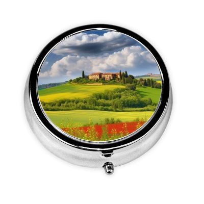Tuscany Spring Print Pill Box 3 Compartment Small Pill Case with Mirror Pill Organizer for Outdoor Travel Pocket Purse