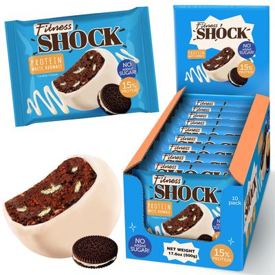 Fitness SHOCK Cookie Cream Protein White Brownie - No Added Sugar, 7.5g Protein, Low Carb Guilt-Free Dessert - 0g Added Sugar, 10g Net Carbs, 5g Fiber, Non-GMO - 10 x 50g