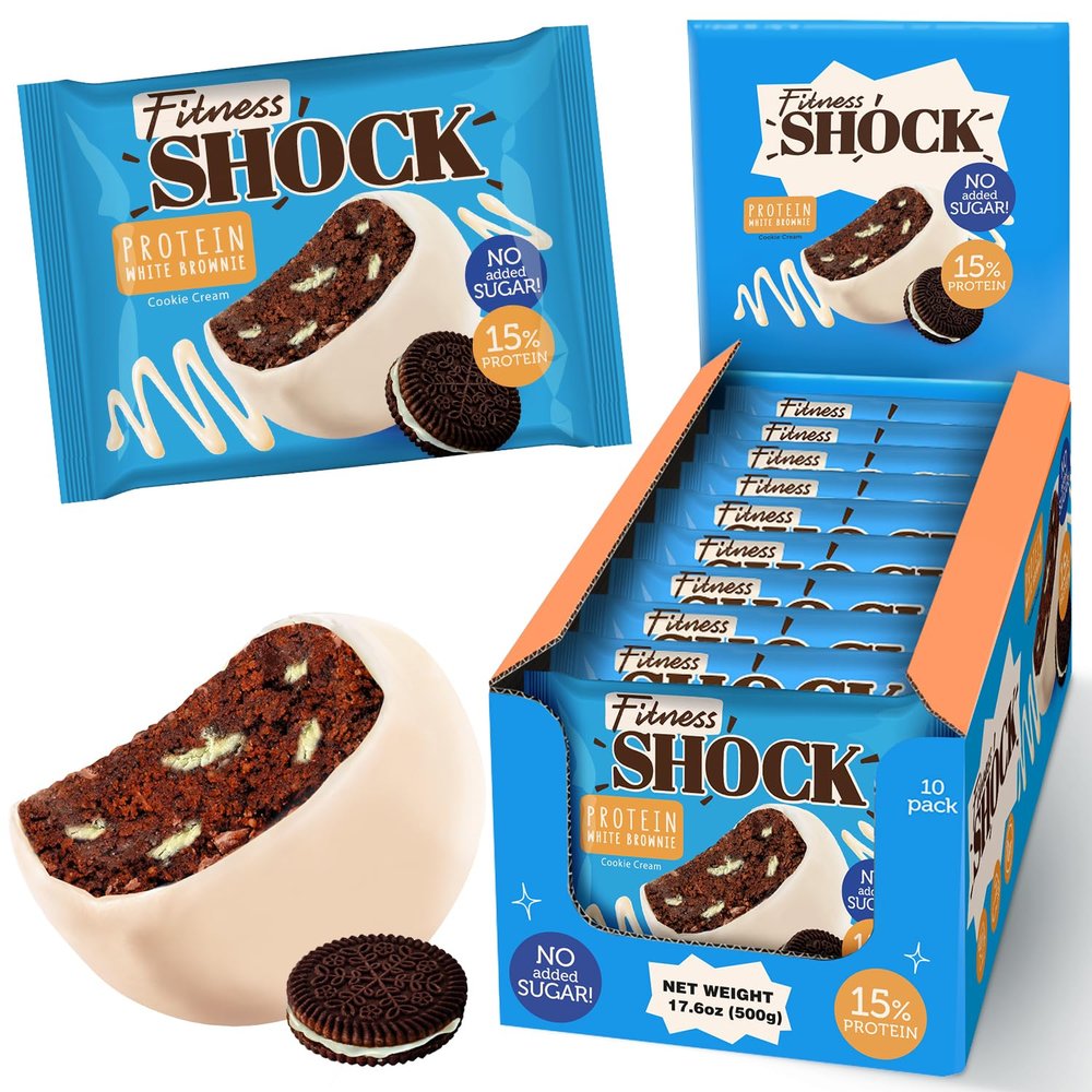 Fitness SHOCK Cookie Cream Protein White Brownie - No Added Sugar, 7.5g Protein, Low Carb Guilt-Free Dessert - 0g Added Sugar, 10g Net Carbs, 5g Fiber, Non-GMO - 10 x 50g