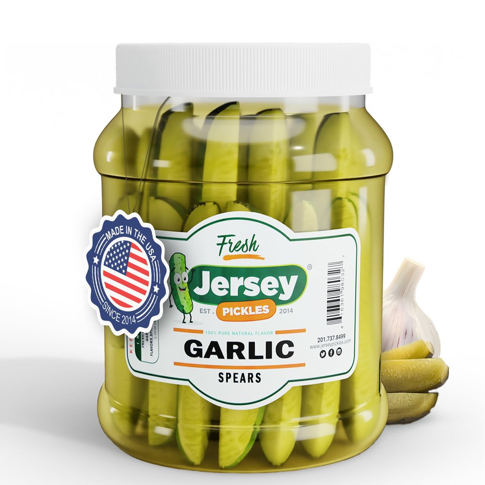 Jersey Pickles - Garlic Dill Spears Fresh (Half Gallon) - Fresh, Keto-Friendly, and Perfect for Snacks, Sandwiches, or Salads  The perfect Pickle Jars Cornichon for Families or Gatherings