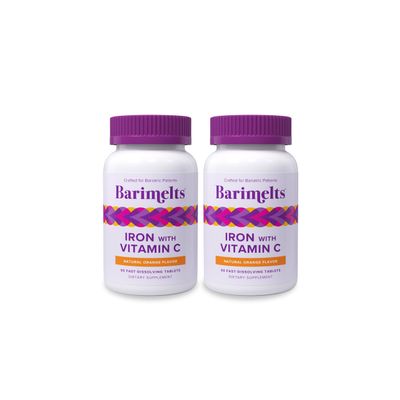 Barimelts Iron with Vitamin C, 180 Fast-Dissolving Tablets (2-Month Supply), Sugar-Free Bariatric Iron Supplement for Women, Natural Orange Flavor