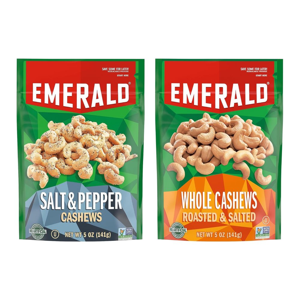 Emerald Nuts Combo Variety Pack Featuring Whole Cashews & Salt and Pepper Cashews | 5 Oz Resealable Bags | Kosher Certified, Non-GMO, Contains No Artificial Preservatives or Synthetic Colors