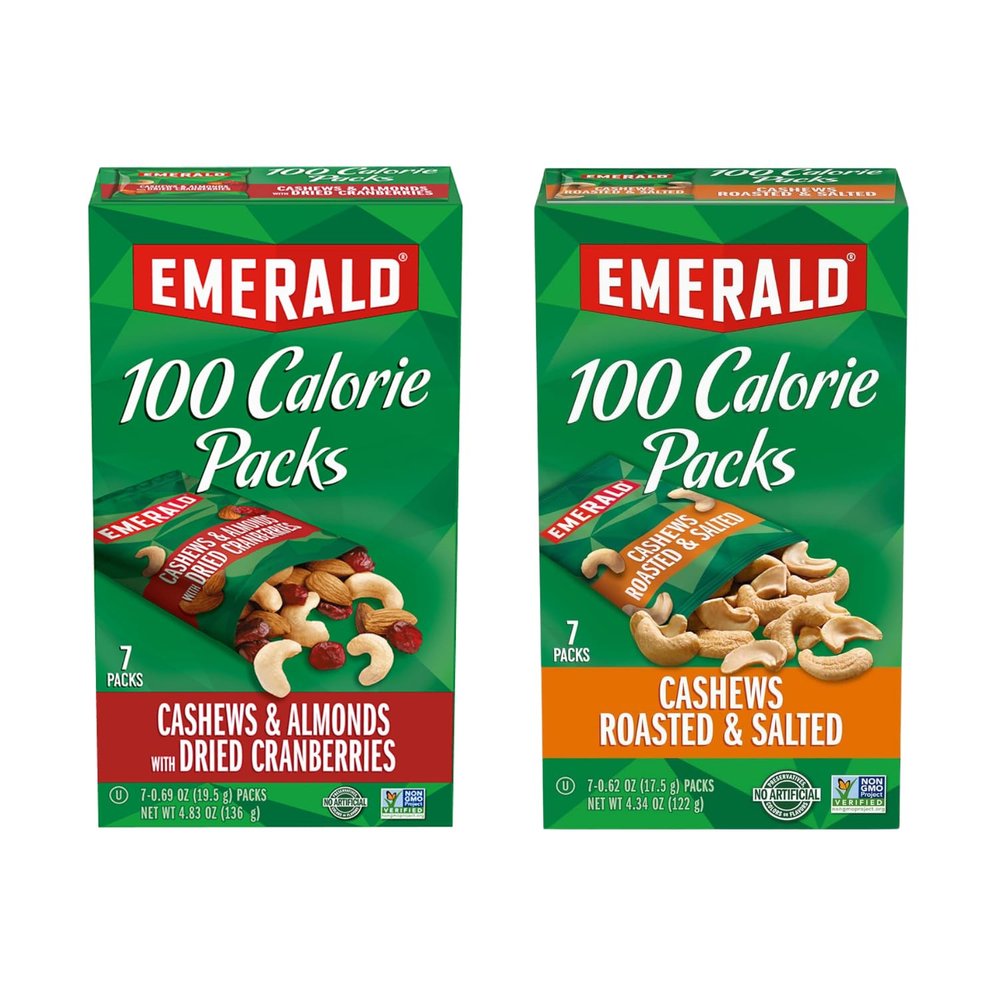 Emerald Nuts Combo Variety Pack Featuring Cashew, Almond and Dried Cranberries & Cashews | Contains 14 Single Serving 100-Calorie Snack Packs| Kosher Certified, Non-GMO, Contains No Synthetic Colors
