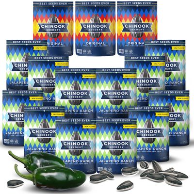 Chinook Seedery Jalapeno Ranch 4oz (12 Pack) & Original Flavor 4oz (3 Pack) Combo - Roasted Jumbo Sunflower Seeds - Keto Snacks - For Snack Packs - Gluten Free, Non GMO Snack Food Gifts