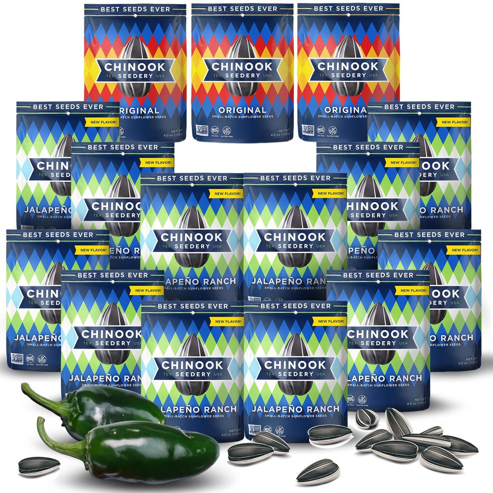Chinook Seedery Jalapeno Ranch 4oz (12 Pack) & Original Flavor 4oz (3 Pack) Combo - Roasted Jumbo Sunflower Seeds - Keto Snacks - For Snack Packs - Gluten Free, Non GMO Snack Food Gifts