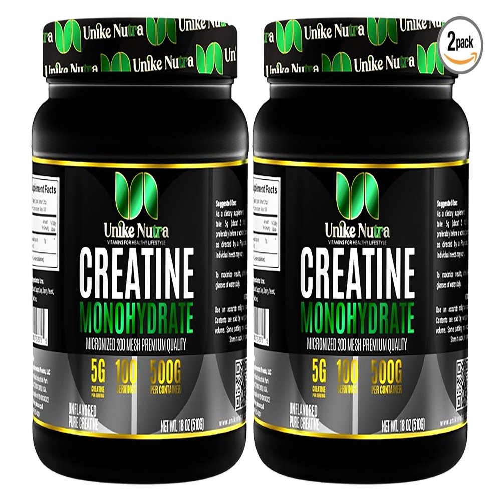 Unike Nutra Micronized Creatine Monohydrate Powder - Halal Kosher Vegan, Keto-Friendly - 10000mg. 2.2 Pounds. Per Serv (5g) - 200 Servings - Unflavored (Pack of 2)