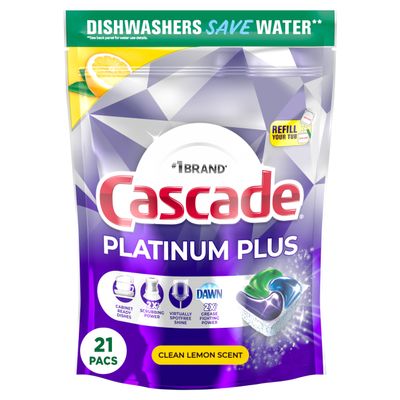 Cascade Platinum Plus Dishwasher Pods, Dishwasher Detergent, Dishwasher Soap, Dish Tabs, Dishwashing Tablets, Dish Detergent, Lemon, Actionpacs, 21 Count