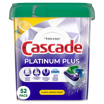 Cascade Platinum Plus Dishwasher Pods, Dish Detergent ActionPacs, Cleaning Supplies, Lemon, 52 Count