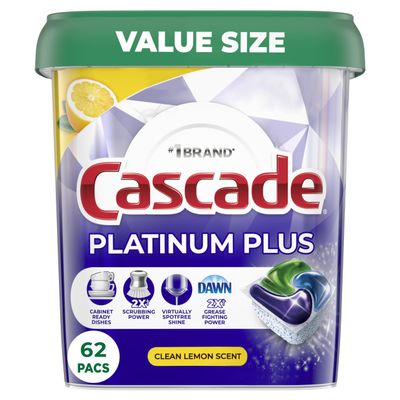 Cascade Platinum Plus Dishwasher Pods, Dishwasher Detergent, Dishwasher Soap, Dish Tabs, Dishwashing Tablets, Dish Detergent, Lemon, Actionpacs, 62 Count