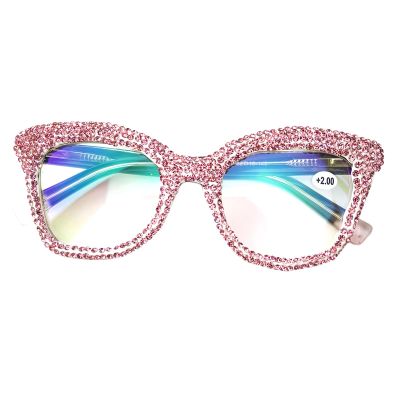 COTIA Cat Eye Reading Glasses Bling Rhinestones Crystal Diamond Eyewear Anti Blue Light Reader (black pink, 1.0)