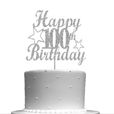 100 Birthday Silver Glitter Cake Topper, Party Decoration Ideas, Premium Quality, Sturdy Doubled Sided Glitter, Acrylic Stick. Made in USA