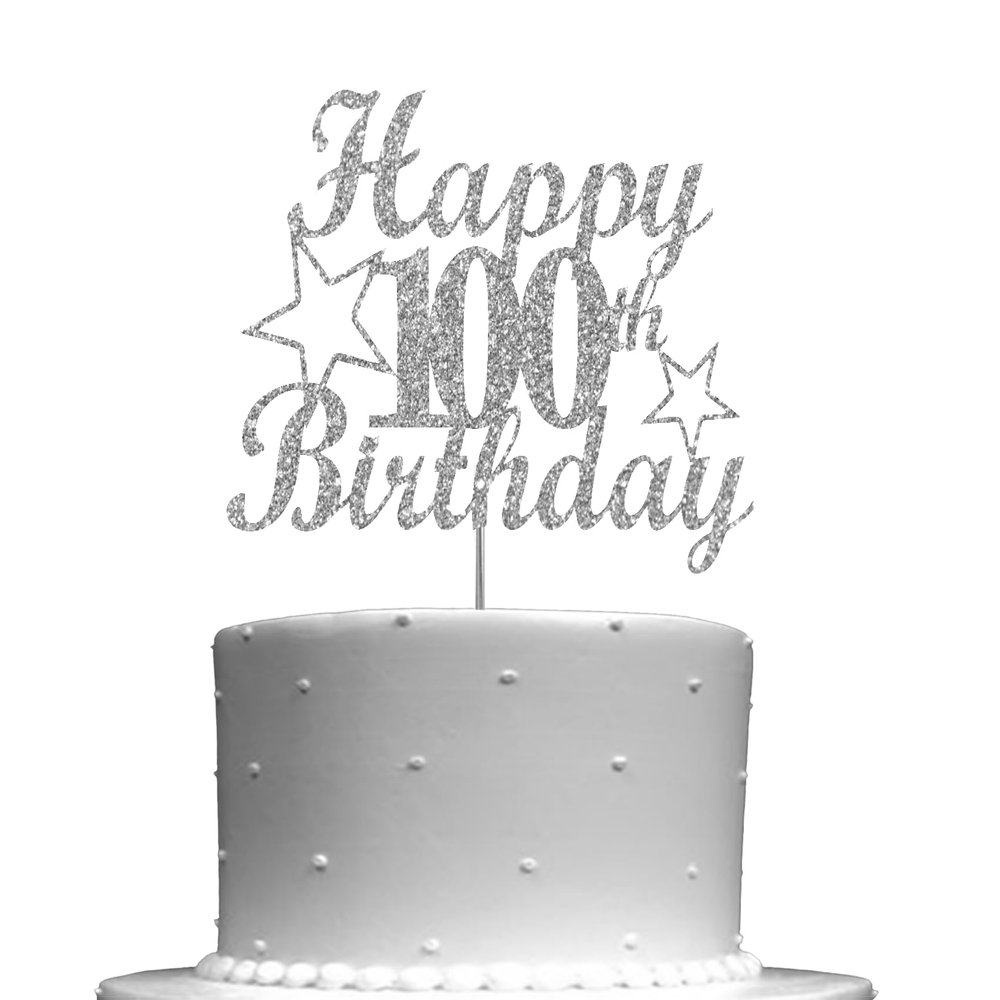 100 Birthday Silver Glitter Cake Topper, Party Decoration Ideas, Premium Quality, Sturdy Doubled Sided Glitter, Acrylic Stick. Made in USA