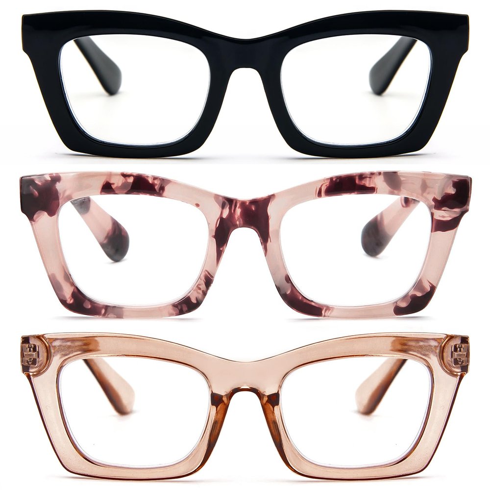 REAVEE 3 Pack Oprah Style Reading Glasses for Women,Blue Light Blocking Cute Oversized Square Computer Readers with Spring Hinge 0.75