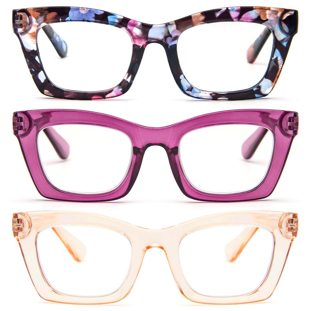 REAVEE 3 Pack Oprah Style Reading Glasses for Women Blue Light Blocking, Cute Oversized Square Computer Readers with Spring Hinge, Flower Rose Tea 0.5