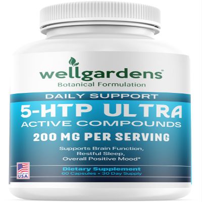 Wellgardens 100% Pure 200 MG 5-HTP Ultra for Healthy Sleep and Sense of Wellbeing - Support Mood, Stress, Sleep - 5HTP Supplement with Calcium - 60 5HTP 200mg Capsules, 30 Servings