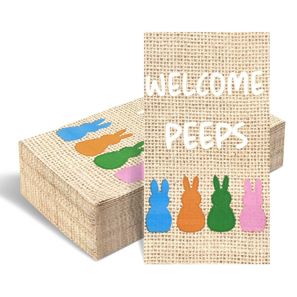 120 Pcs Burlap Printed Easter Welcome Peeps Disposable Bathroom Napkins, Spring Easter Bunny Peeps Guest Towels Hand Towels Paper Napkins for Bathroom Kitchen Camping Cocktail Party 4.3 x 7.8 inch