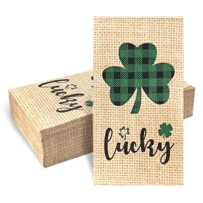 120 Pcs Burlap Printed Irish Shamrock Disposable Bathroom Napkins, St Patricks Day Clover Lucky Guest Towels Hand Towels Paper Guest Napkins for Bathroom Kitchen Camping Cocktail Party 4.3 x 7.8 inch