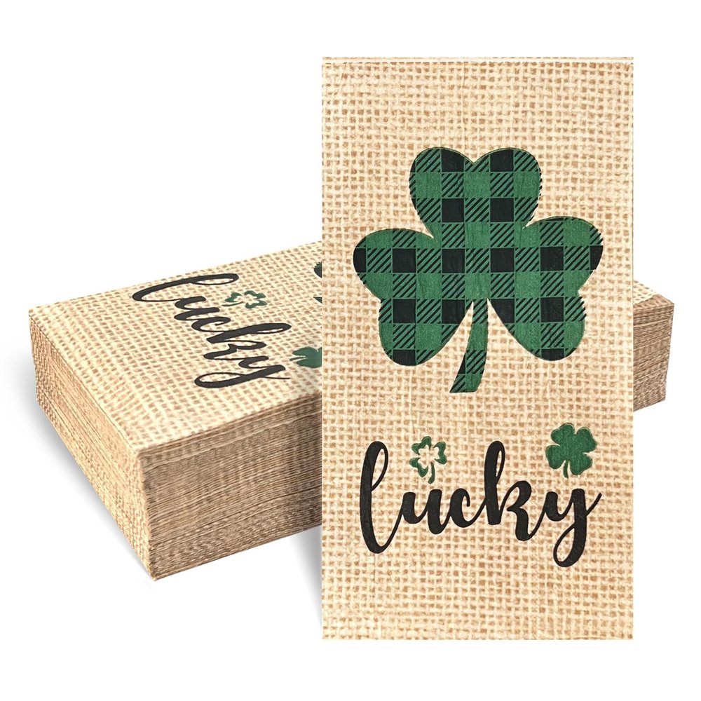 120 Pcs Burlap Printed Irish Shamrock Disposable Bathroom Napkins, St Patricks Day Clover Lucky Guest Towels Hand Towels Paper Guest Napkins for Bathroom Kitchen Camping Cocktail Party 4.3 x 7.8 inch