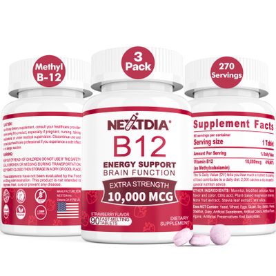 B12 Vitamins 10,000 mcg, Methylated Vitamin B12 Sublingual - Energy Boost, Focus, Metabolism & Brain Health Support, Immune System Support, Fast Dissolve, Natural Strawberry Flavor, 270 Servings