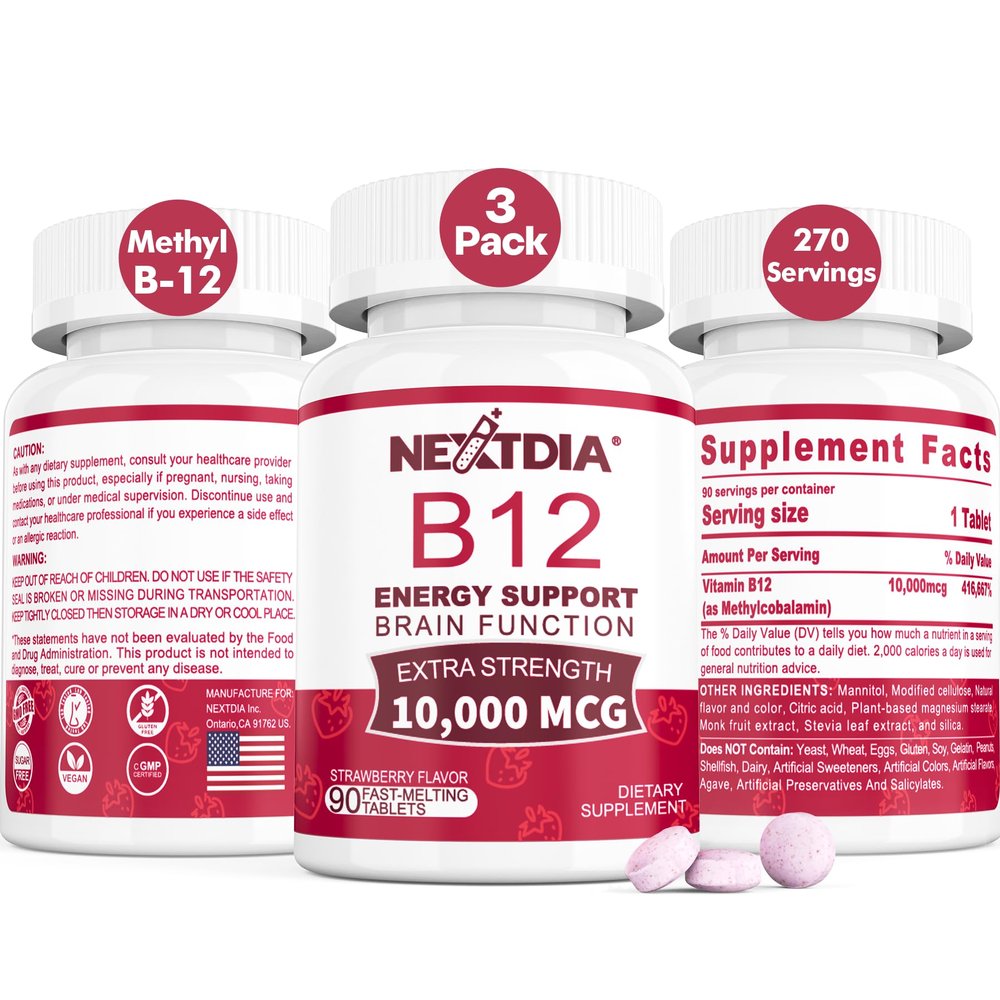 B12 Vitamins 10,000 mcg, Methylated Vitamin B12 Sublingual - Energy Boost, Focus, Metabolism & Brain Health Support, Immune System Support, Fast Dissolve, Natural Strawberry Flavor, 270 Servings