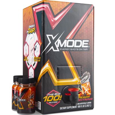 XMODE Energy Shots on Tap Dispenser 100 (1oz) Servings with 2 Refillable Bottles, Peach Lightning Flavor, Extra Strength with 150mg Caffeine/oz, B12 and Sugar Free