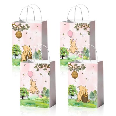 24 Pieces Classic Pooh Bear Goodie Bags for Baby Shower Party Supplies, Bear Gift Snacks Treat Candy Party Favors Bags with Handles for Classic Bear Theme Party Decorations