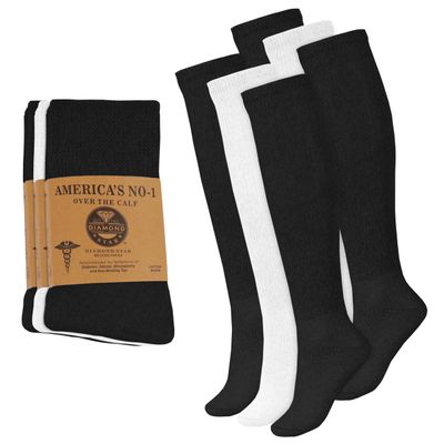 Diamond Star 6 Pairs Diabetic Knee High Socks for Men  Over the Calf Cotton Socks, Non-Binding Comfortable Fit  Mens Shoe Size 1214 (4 Pairs Black, 2 Pairs White)
