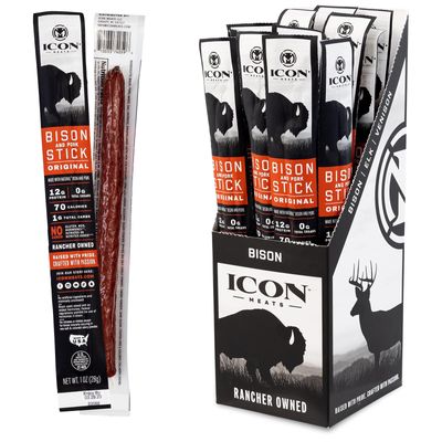 ICON Meats Bison and Pork Snack Sticks, Original Flavor, 24 Pack of High Protein Snacks, Sugar Free, Natural Jerky Meat Sticks, Gluten Free, USDA Inspected, Made in USA, Valentines Day Gifts for Him