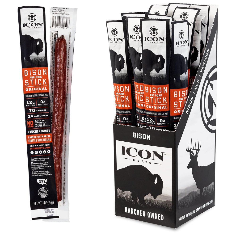 ICON Meats Bison and Pork Snack Sticks, Original Flavor, 24 Pack of High Protein Snacks, Sugar Free, Natural Jerky Meat Sticks, Gluten Free, USDA Inspected, Made in USA, Valentines Day Gifts for Him