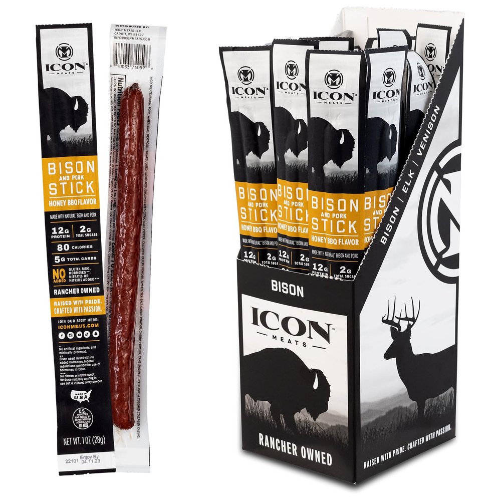 ICON Meats Bison and Pork Snack Sticks, Honey BBQ, 24 Pack of High Protein Snacks, Low Sugar, Natural Jerky Meat Sticks, Gluten Free, USDA Inspected, Made in the USA, Valentines Day Gifts for Him