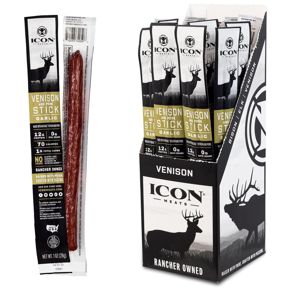 ICON Meats Venison and Pork Snack Sticks, Garlic Flavor, 24 Pack High Protein Snacks, Sugar Free, Natural Jerky Meat Sticks, Gluten Free, USDA Inspected, Made in the USA, Valentines Day Gifts for Him