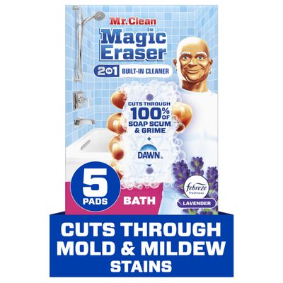 Mr. Clean Magic Eraser Sponge, Bathroom Cleaner, Shower Cleaner, Tub Cleaner, Soap Scum Remover, Bathroom Cleaning Supplies, Dawn Cleaning Power with Febreze Lavender Scent, 5ct