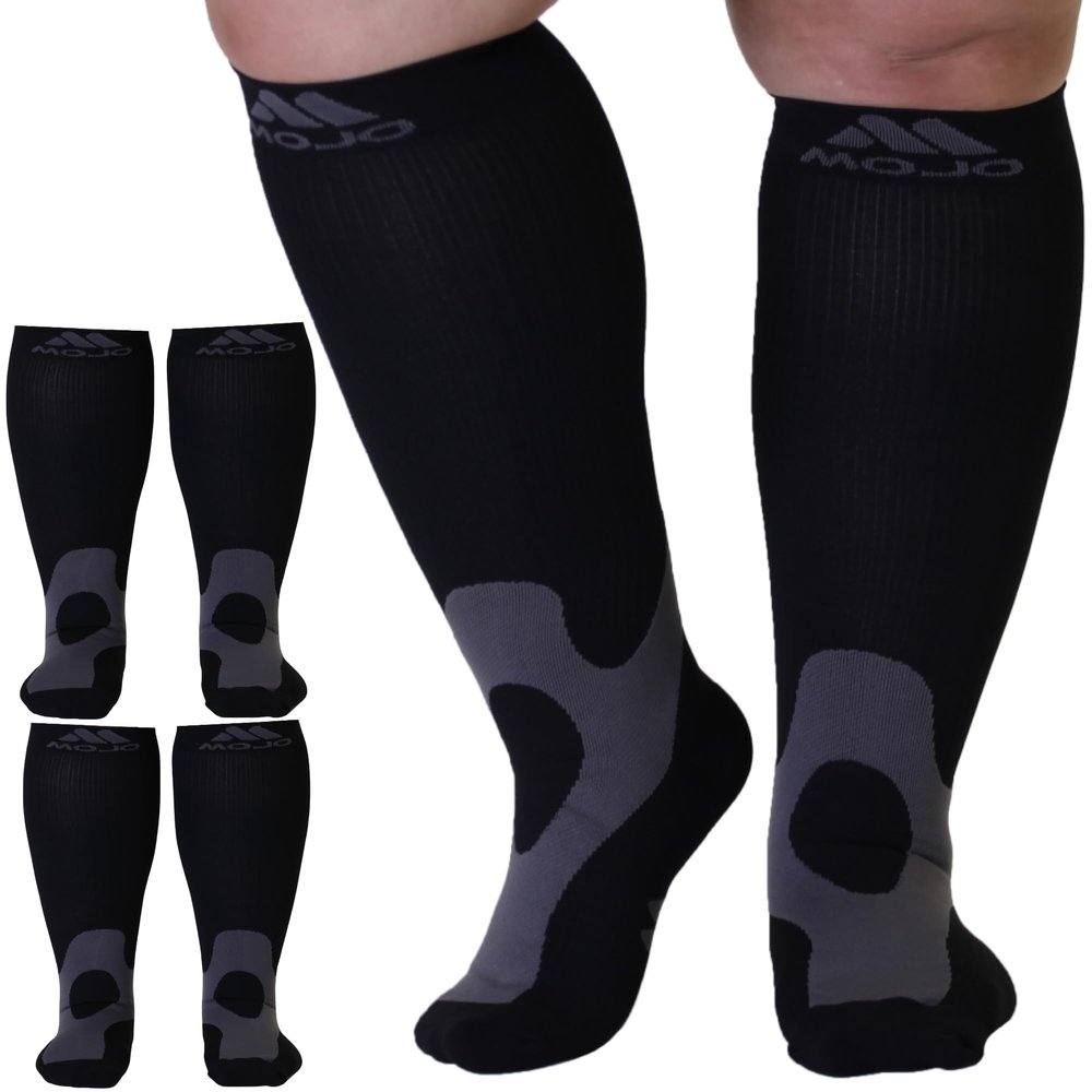 Mojo Compression Socks for Women and Men Circulation (3 Pairs) 20-30mmHg - Wide Calves Unisex Compression Knee High for Varicose Veins, Post Surgery Recovery, Swelling - Black, 4X-Large - A601BL7