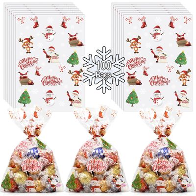 AnapoliZ Christmas Treat Bags - 100 pcs (6" x 9" Inch) | 2.5 Mil Crystal Clear Cellophane With Merry Designs | Santa, Snowman Cello | Party Decorations | Xmas Treats