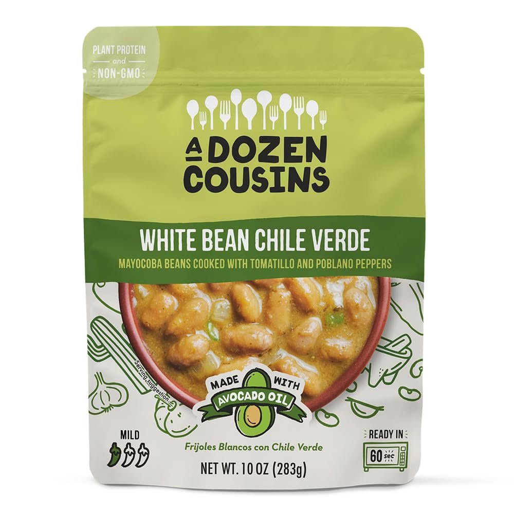 A Dozen Cousins White Bean Chile Verde 10oz 1pk, Seasoned Beans in Avocado Oil, Ready to Eat, Easy Plant Protein with Fiber, Gluten Free Quick Meal, Clean Ingredients