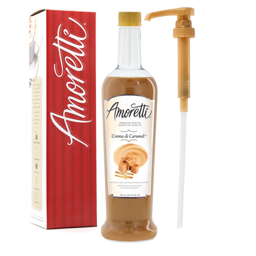 Amoretti - Premium Crema di Caramel Syrup, 94 Servings Per Bottle (750 ml), with Pump for Flavoring Coffees, Cocktails, and other Beverages, Gluten Free, GMO/GEO Free, Preservative Free