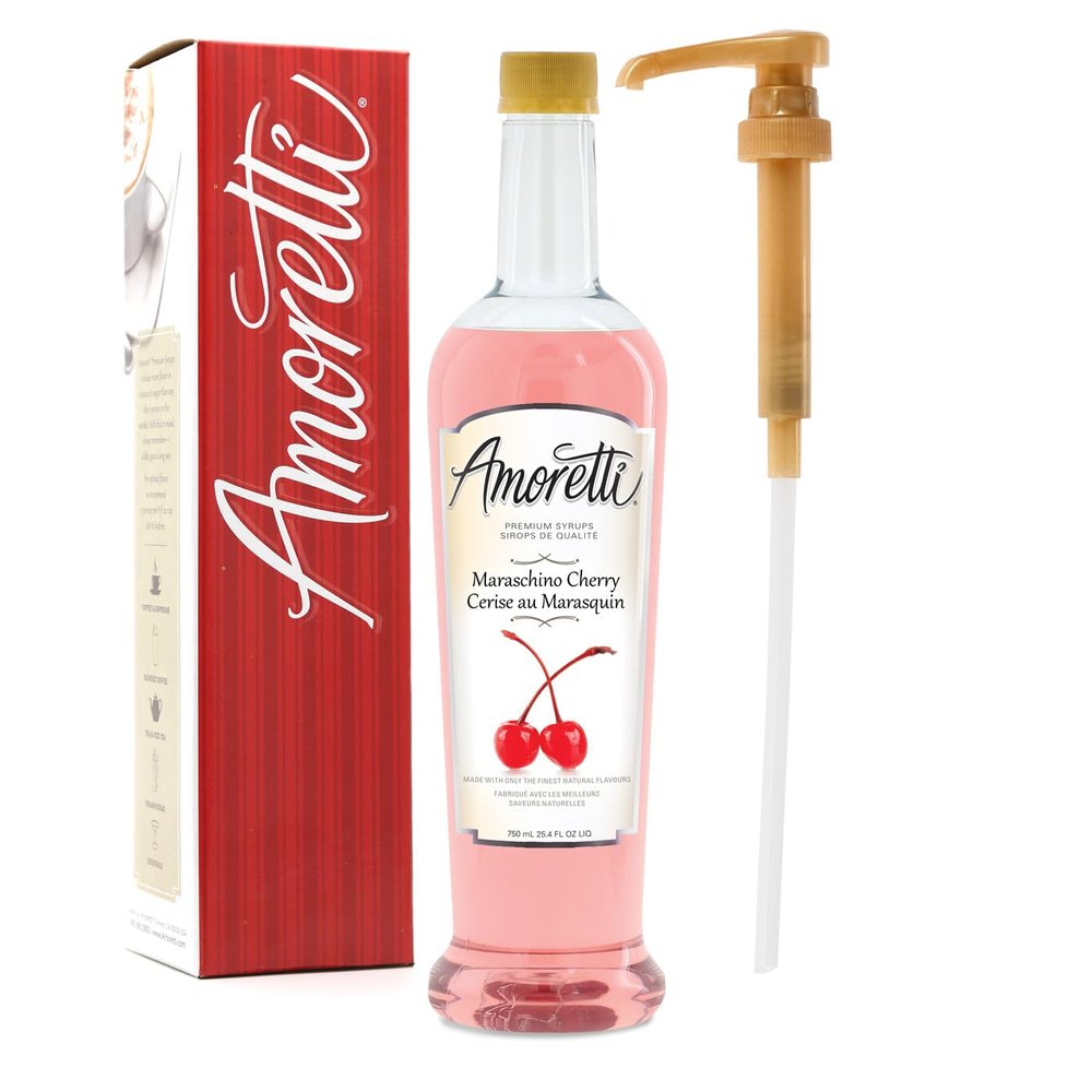 Amoretti - Premium Maraschino Bing Cherry Syrup, 94 Servings Per Bottle (750 ml), with Pump for Flavoring Coffees, Cocktails, and other Beverages, Gluten Free, GMO/GEO Free, Preservative Free