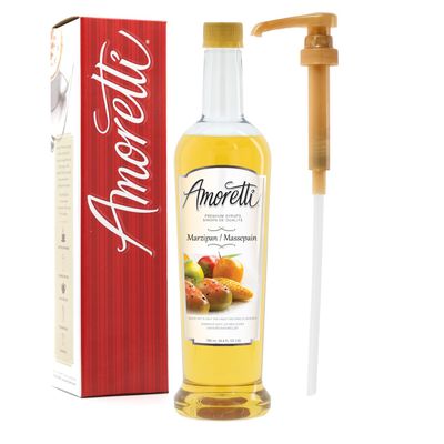 Amoretti - Premium Marzipan Syrup, 94 Servings Per Bottle (750 ml), with Pump for Flavoring Coffees, Cocktails, and other Beverages, Gluten Free, GMO/GEO Free, Preservative Free