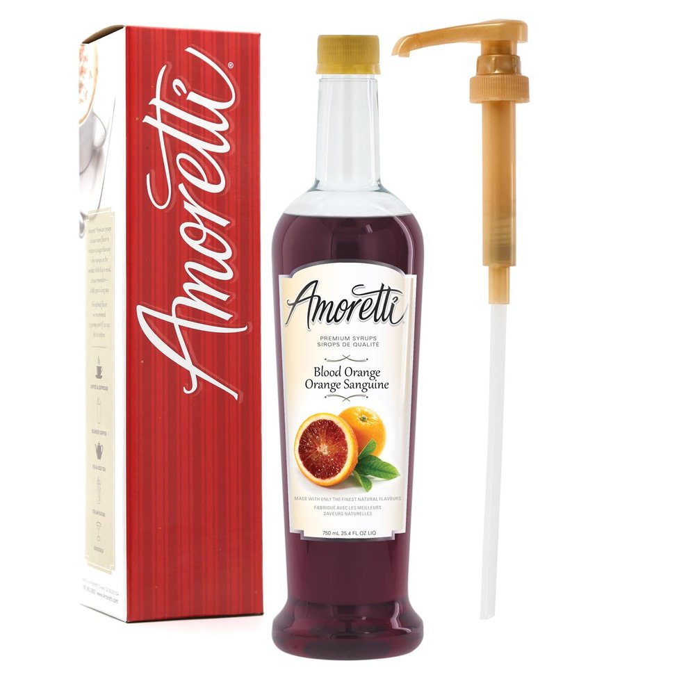 Amoretti - Premium Blood Orange Syrup, 94 Servings Per Bottle (750 ml), with Pump for Flavoring Coffees, Cocktails, and other Beverages, Gluten Free, GMO/GEO Free, Preservative Free