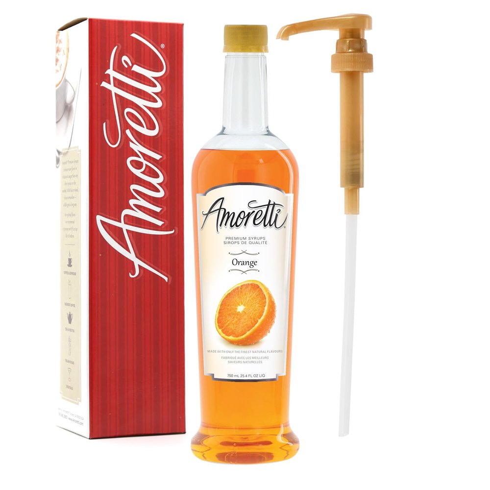 Amoretti - Premium Orange Syrup, 94 Servings Per Bottle (750 ml), with Pump for Flavoring Coffees, Cocktails, and other Beverages, Gluten Free, GMO/GEO Free, Preservative Free