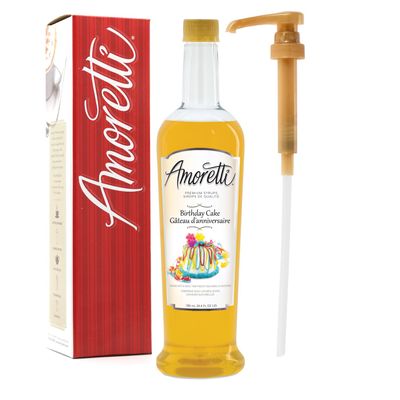 Amoretti - Premium Birthday Cake Syrup, 94 Servings Per Bottle (750 ml), with Pump for Flavoring Coffees, Cocktails, and other Beverages, Gluten Free, GMO/GEO Free, Preservative Free