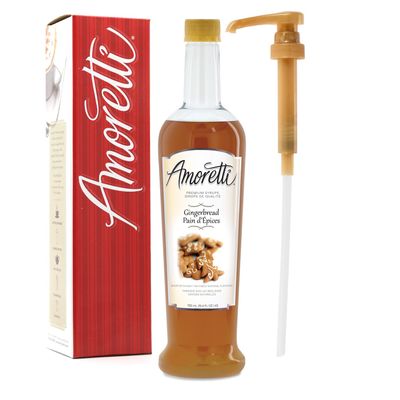 Amoretti - Premium Gingerbread Syrup, 94 Servings Per Bottle (750 ml), with Pump for Flavoring Coffees, Cocktails, and other Beverages, Gluten Free, GMO/GEO Free, Preservative Free
