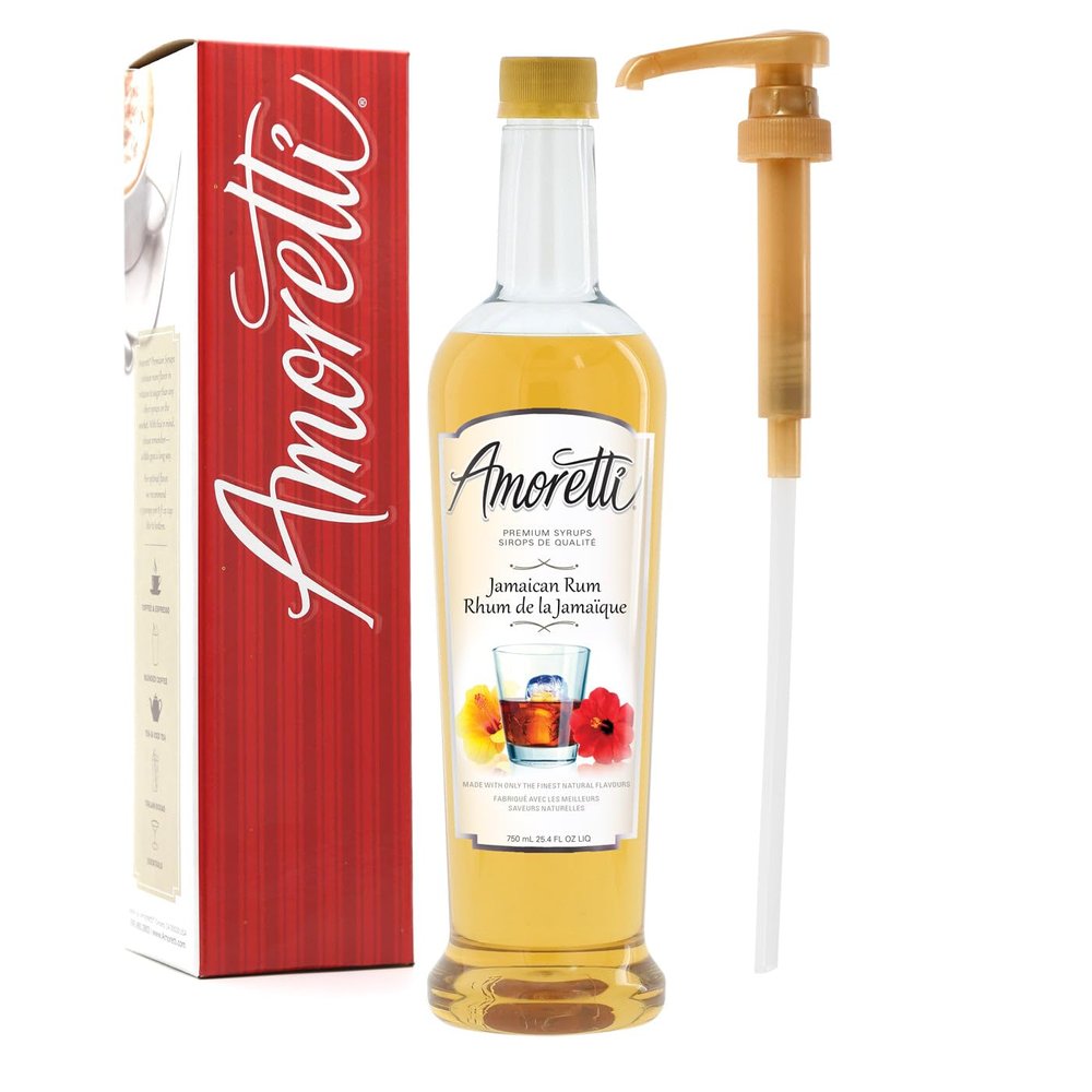 Amoretti - Premium Jamaican Rum Syrup, 94 Servings Per Bottle (750 ml), with Pump for Flavoring Coffees, Cocktails, and other Beverages, Gluten Free, GMO/GEO Free, Preservative Free